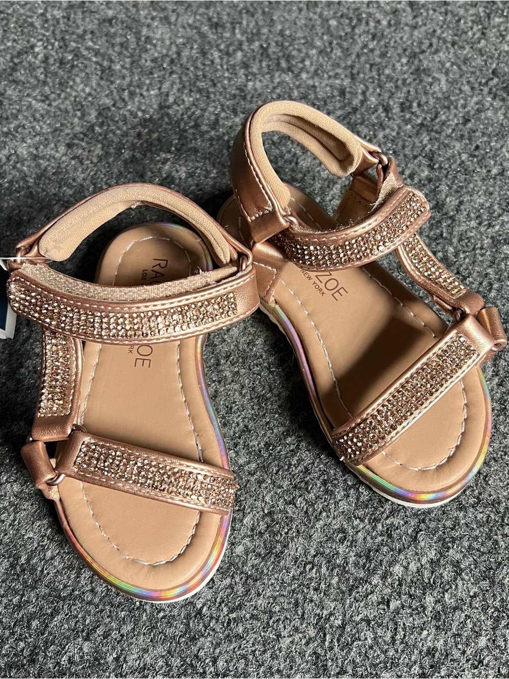 Rachel Zoe Girls Metallic Rose Gold Rhinestone T-Strap Sandals